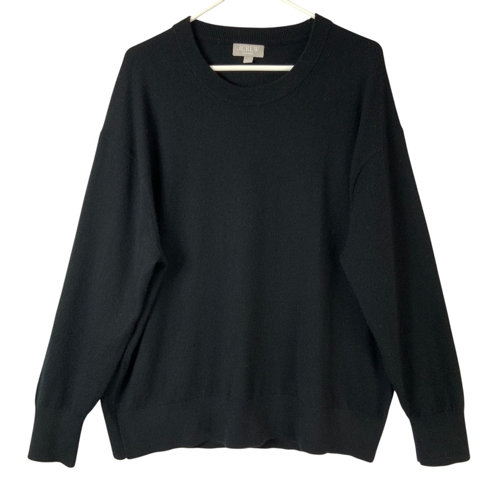 J.Crew Black Cashmere Sweater Large Pullover Crew Neck Long Sleeve Ribbed Trim